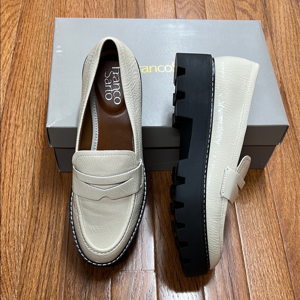 Franco Sarto Cream and Black Platform Loafers